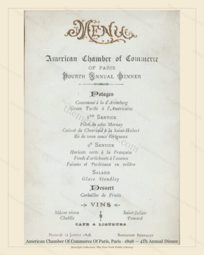 Vintage menu preview — 1898 Vintage Dinner Menu — American Chamber of Commerce of Par, Belle Époque Par