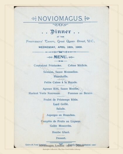 Vintage menu preview — 1900 Vintage Dinner Menu — Noviomagus, Belle Époque London (Complete 2-Page Arch