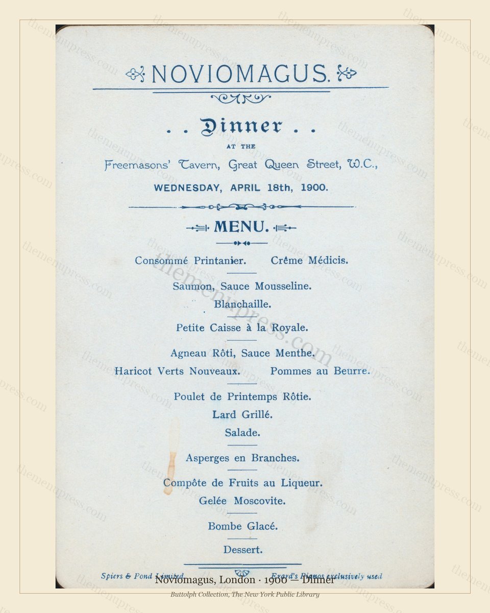 Vintage menu preview — 1900 Vintage Dinner Menu — Noviomagus, Belle Époque London (Complete 2-Page Arch