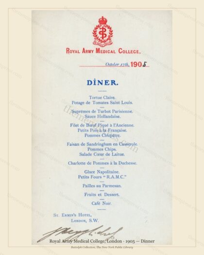 Vintage menu preview — 1905 Vintage Dinner Menu — Royal Army Medical College, Belle Époque London (Comp