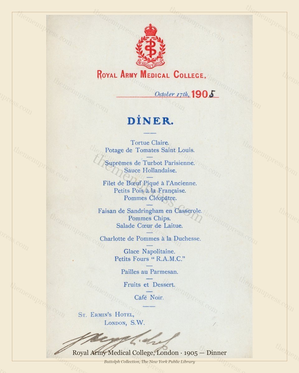 Vintage menu preview — 1905 Vintage Dinner Menu — Royal Army Medical College, Belle Époque London (Comp