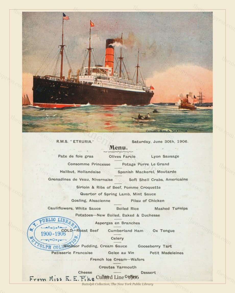 Vintage menu preview — Cunard Line · R.M.S. Saxonia · 1906
