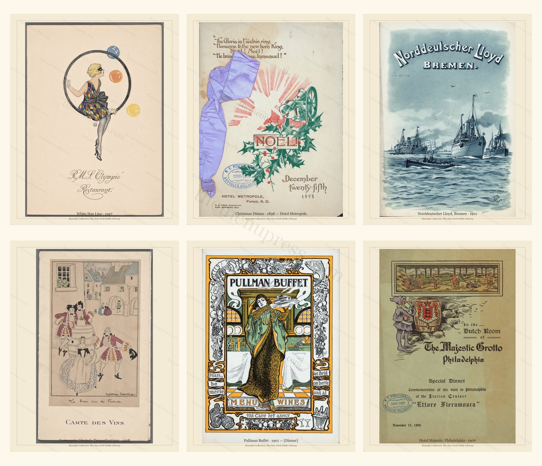 Custom Curation 6 — diversified sample covering ocean-liner, holiday, railroad, French and hotel menus