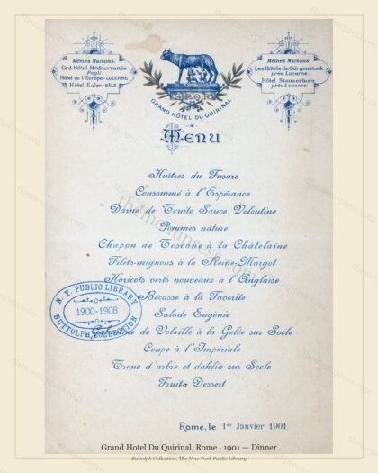 Vintage menu preview — 1901 Vintage Dinner Menu — Grand Hotel Du Quirinal, Belle Époque Italy (Complete