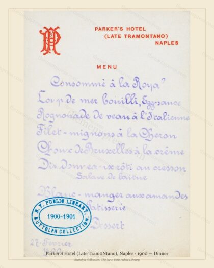 Vintage menu preview — 1900 Vintage Dinner Menu — Parker'S Hotel (Late Tram0Ntano), Belle Époque Italy