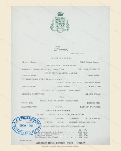Vintage menu preview — 1900 Vintage Dinner Menu — ARLINGTON hOTEL, Canadian Pacific Hotel
