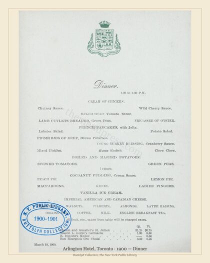 Arlington Hotel, Toronto · 1900 — Dinner