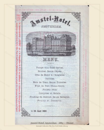 Vintage menu preview — 1882 Vintage Dinner Menu — Amstel-Hotel, International Grand Hotel (Complete 3-P