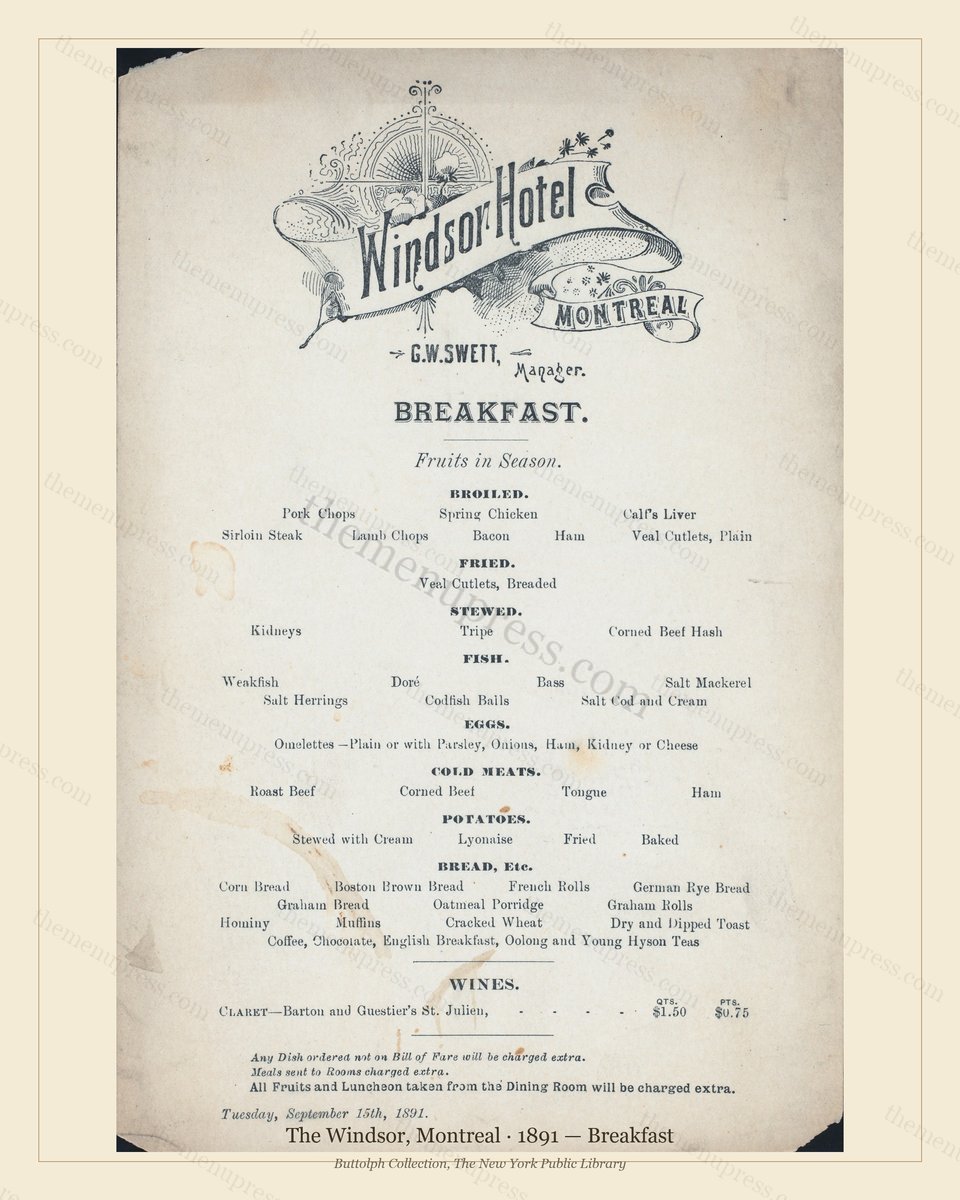 Vintage menu preview — 1891 Vintage Breakfast Menu — The Windsor, Canadian Pacific Hotel (Complete 2-Pa