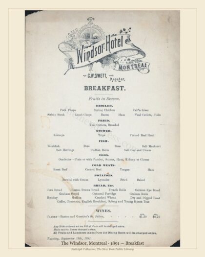 The Windsor, Montreal · 1891 — Breakfast