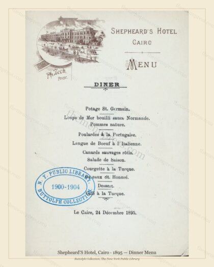 Vintage menu preview — 1895 Vintage Dinner Menu — Shepheard'S Hotel, International Grand Hotel (Complet