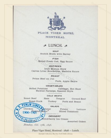 Vintage menu preview — 1898 Vintage Lunch Menu — Place Viger Hotel, Canadian Pacific Hotel (Complete 2-