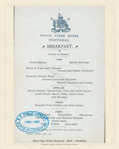 Vintage menu preview — 1898 Vintage Breakfast Menu — Place Viger Hotel, Canadian Pacific Hotel (Complet