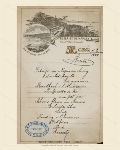 Vintage menu preview — 1900 Vintage Dinner Menu — Bristol Hotel, Belle Époque Italy (Complete 2-Page Ar