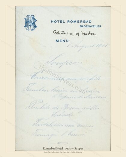 Vintage menu preview — 1901 Vintage Supper Menu — Romerbad Hotel, International Grand Hotel (Complete 2