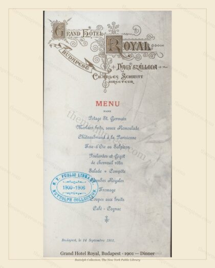 Vintage menu preview — 1901 Vintage Dinner Menu — Grand Hotel Royal, International Grand Hotel (Complet