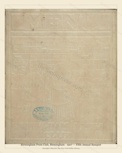 Vintage menu preview — 1907 Vintage Banquet Menu — Birmingham Press Club, International Grand Hotel (Co