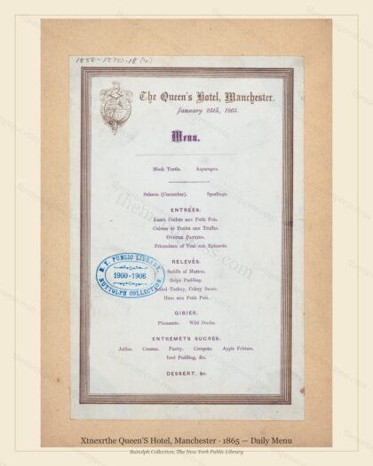 Vintage menu preview — 1865 Vintage Dinner Menu — Xtnexrthe Queen'S Hotel, International Grand Hotel