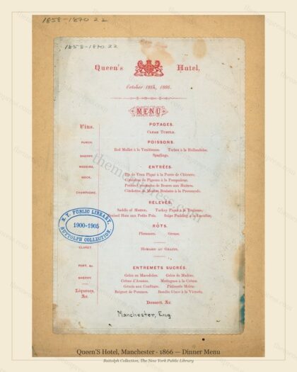 Vintage menu preview — 1866 Vintage Dinner Menu — Queen'S Hotel, International Grand Hotel (Complete 2-