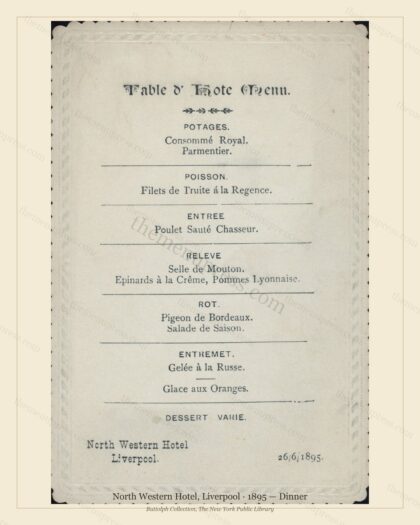 Vintage menu preview — 1895 Vintage Dinner Menu — North Western Hotel, International Grand Hotel (Compl