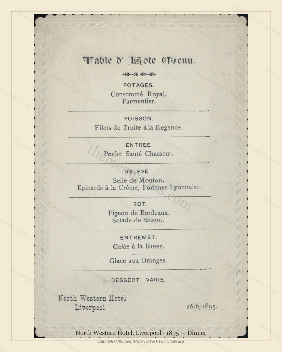 Vintage menu preview — 1895 Vintage Dinner Menu — North Western Hotel, International Grand Hotel (Compl