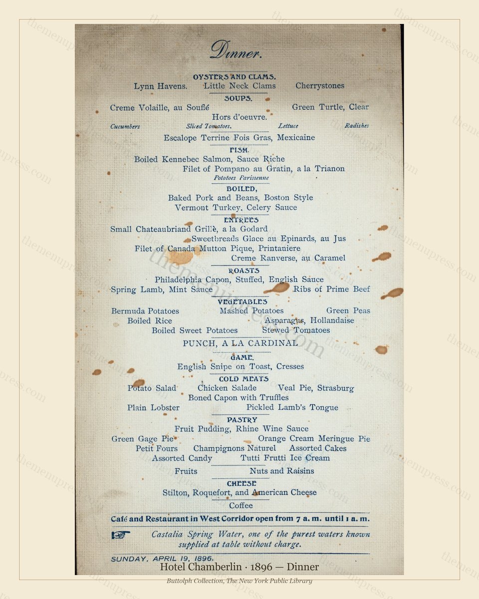 Vintage menu preview — 1896 Vintage Dinner Menu — Hotel Chamberlin, International Grand Hotel (Complete