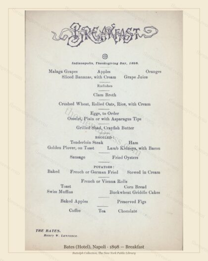 Vintage menu preview — 1898 Vintage Breakfast Menu — Bates (Hotel), International Grand Hotel (Complete