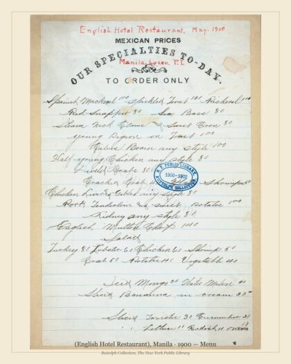 (English Hotel Restaurant), Manila · 1900 — Menu