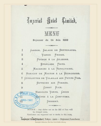 Imperial Hotel Limited, Tokyo · 1900 — Dejeuner/Luncheon