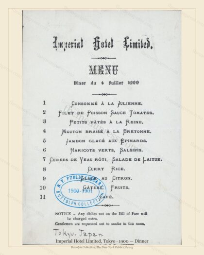 Vintage menu preview — 1900 Vintage Dinner Menu — Imperial Hotel, Imperial Japan (Complete 2-Page Archi