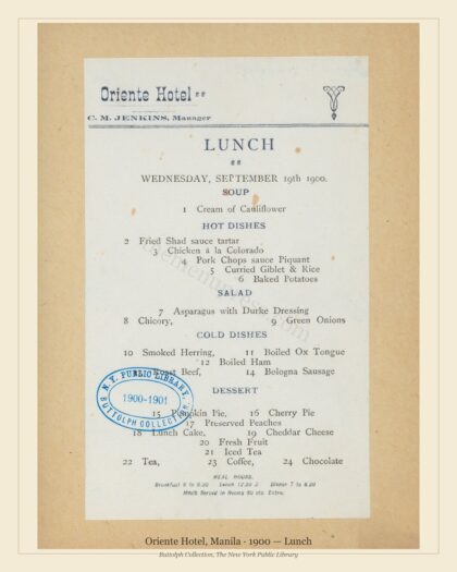 Oriente Hotel, Manila · 1900 — Lunch