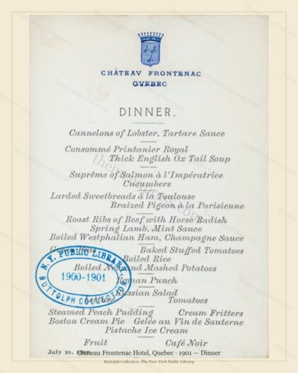 Vintage menu preview — 1901 Vintage Dinner Menu — Chateau Frontenac Hotel, Canadian Pacific Hotel (Comp