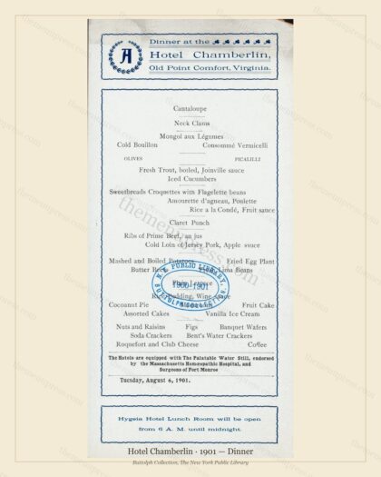 Vintage menu preview — 1901 Vintage Dinner Menu — Hotel Chamberlin, International Grand Hotel (Complete