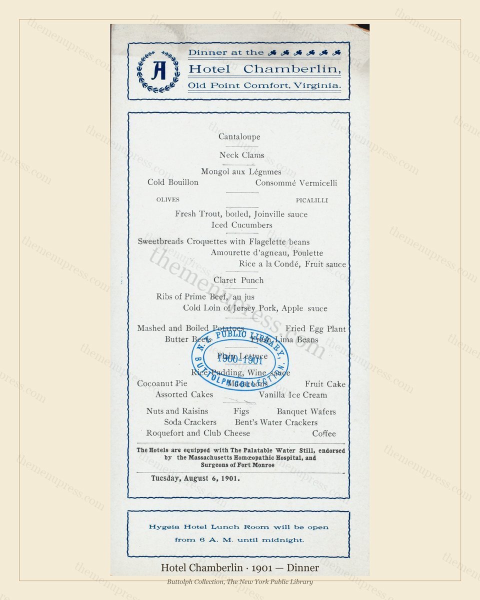 Vintage menu preview — 1901 Vintage Dinner Menu — Hotel Chamberlin, International Grand Hotel (Complete