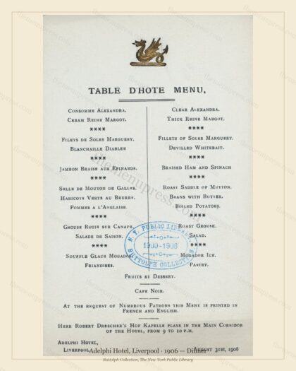 Vintage menu preview — 1906 Vintage Dinner Menu — Adelphi Hotel, International Grand Hotel (Complete 2-