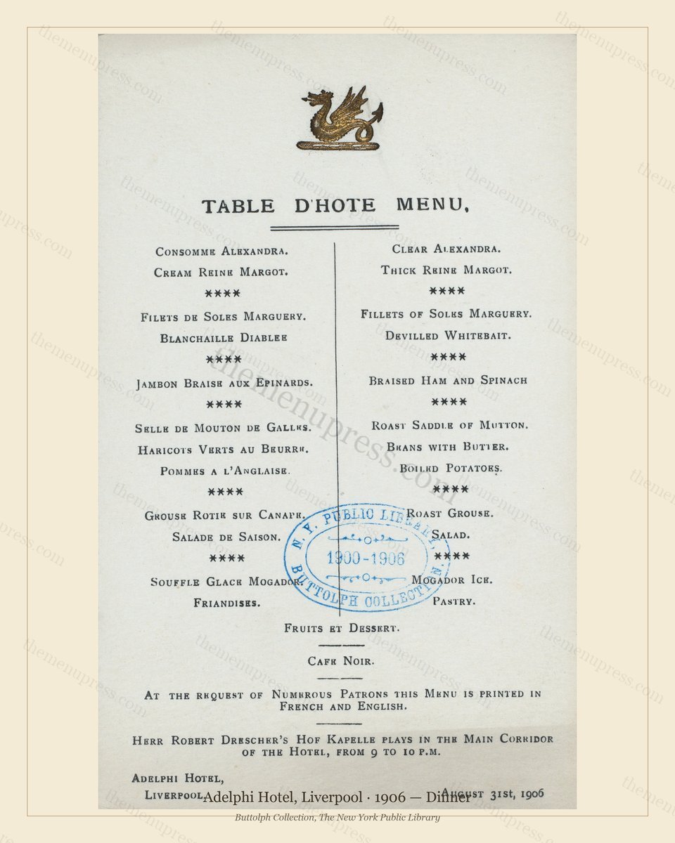 Vintage menu preview — 1906 Vintage Dinner Menu — Adelphi Hotel, International Grand Hotel (Complete 2-