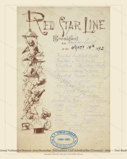 Vintage menu preview — 1892 Vintage Dinner Menu — Der Liederkranz Halle, Classic NYC French Restaurant