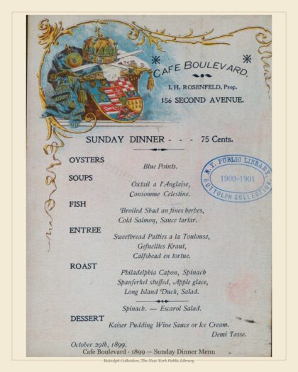 Cafe Boulevard · 1899 — Sunday Dinner Menu