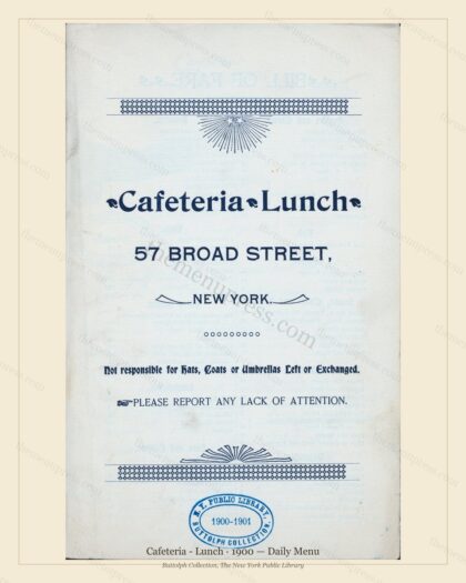 Vintage menu preview — 1900 Vintage Dinner Menu — 57 Broad St., New York, Ny, Classic NYC French Restau