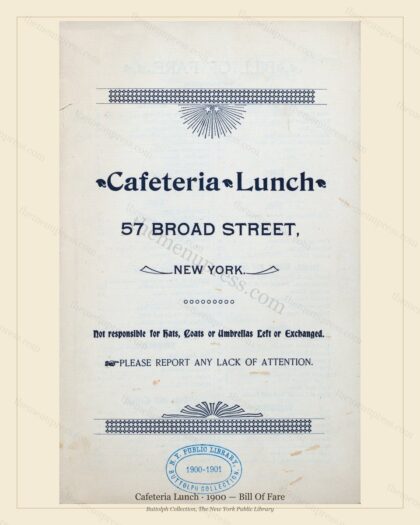 Vintage menu preview — 1900 Vintage Dinner Menu — 57 Broad St., New York, Ny, Classic NYC French Restau