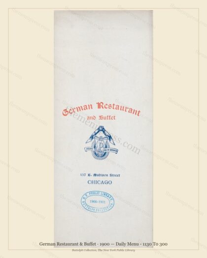 Vintage menu preview — 1900 Vintage Dinner Menu — 137 E. Madison St. Chicago, Ill, Classic NYC French R