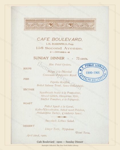Vintage menu preview — 1900 Vintage Dinner Menu — 156 Second Avenue Ny, Classic NYC French Restaurant (