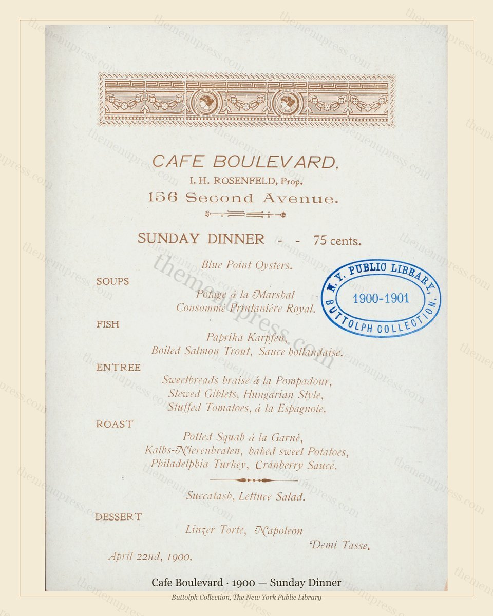 Vintage menu preview — 1900 Vintage Dinner Menu — 156 Second Avenue Ny, Classic NYC French Restaurant (