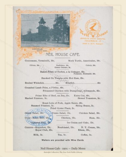 Vintage menu preview — 1901 Vintage Dinner Menu — Columbus, Oh, Classic NYC French Restaurant (Complete