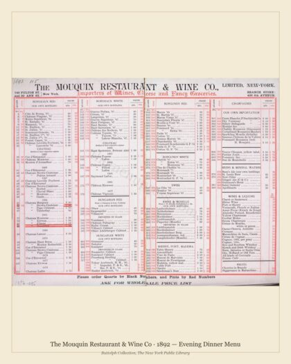 The Mouquin Restaurant & Wine Co · 1892 — Evening Dinner Menu