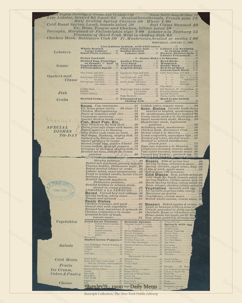 Vintage menu preview — 1900 Vintage Dinner Menu — Ny, Classic NYC French Restaurant (Complete 2-Page Ar