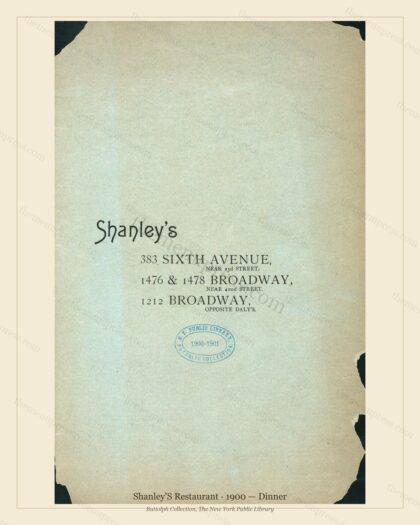 Vintage menu preview — 1900 Vintage Dinner Menu — 383 6Th Ave.,1476 Bway.,1212 Bway., Ny, Classic NYC F