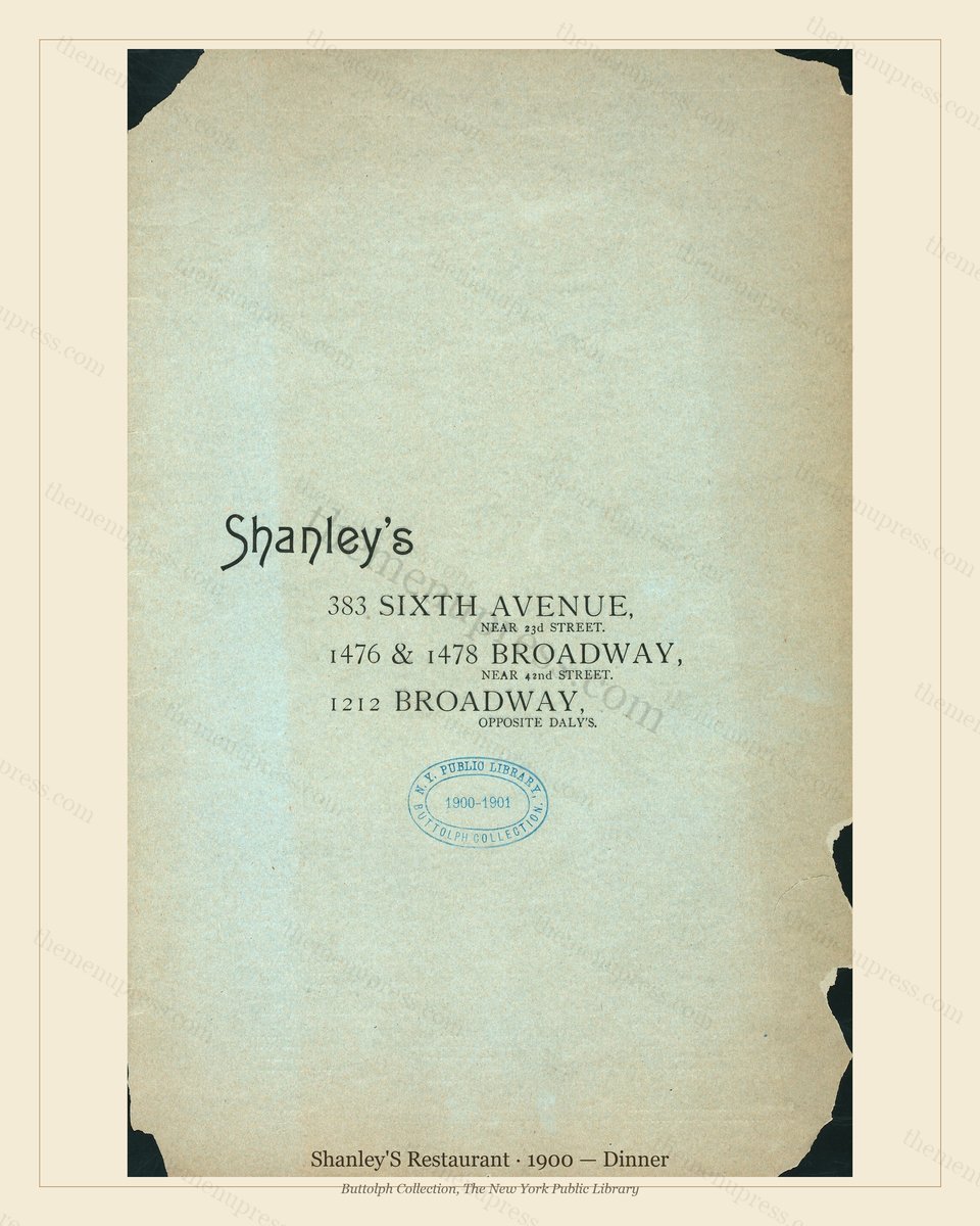Vintage menu preview — 1900 Vintage Dinner Menu — 383 6Th Ave.,1476 Bway.,1212 Bway., Ny, Classic NYC F