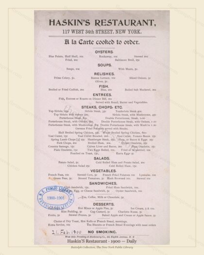 Vintage menu preview — 1900 Vintage Dinner Menu — 117 West 34Th Street,New York,Ny, Classic NYC French