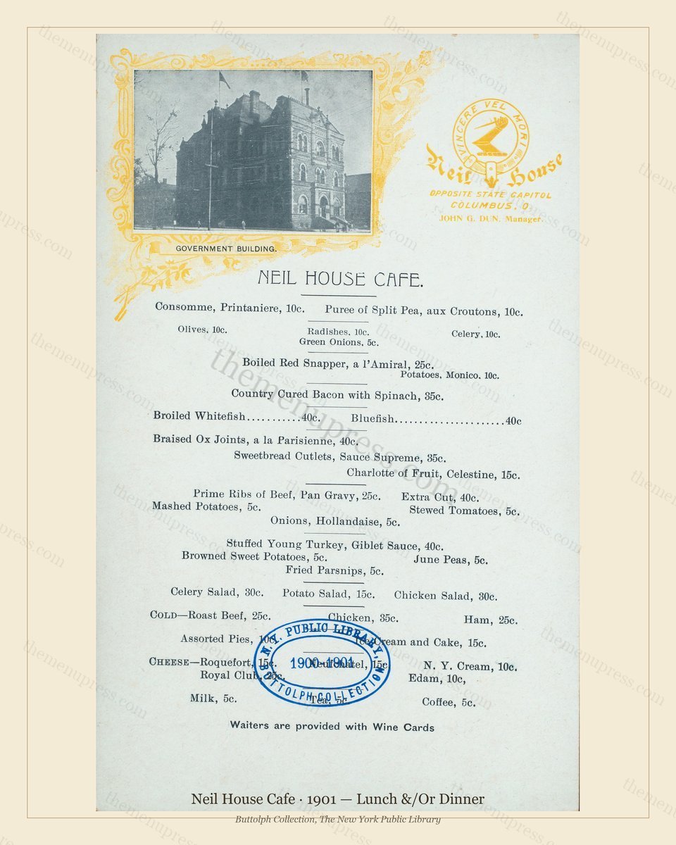 Vintage menu preview — 1901 Vintage Dinner Menu — Columbus,Ohio, Classic NYC French Restaurant (Complet